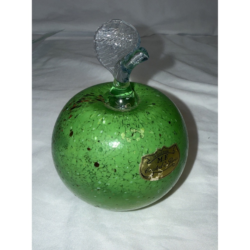 Cristal de Paris Green Crystal Apple Paperweight Made France Art Glass 3.5" MCM